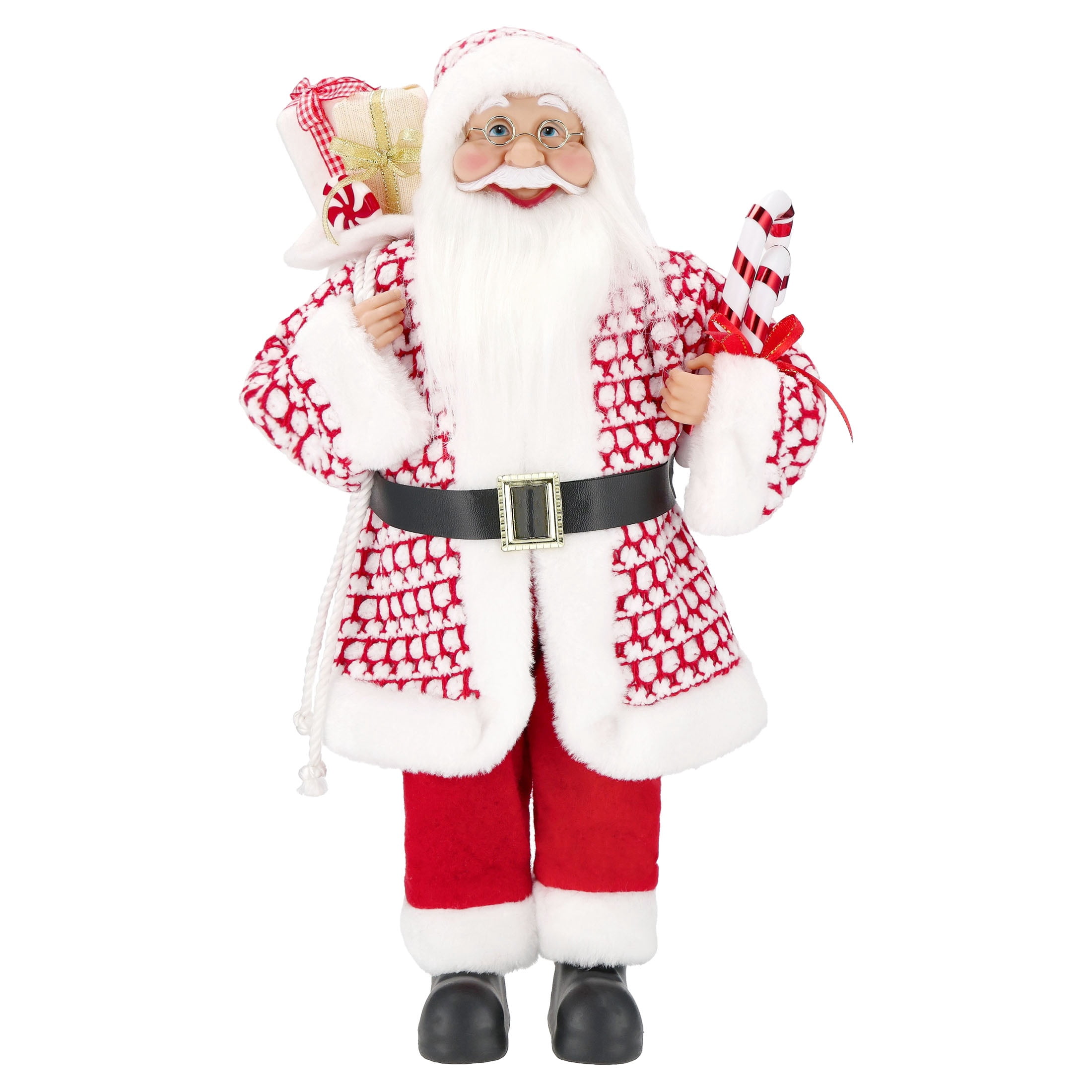 Santa with Glasses, Candy Cane and Gift Sack Christmas Decoration, Red and White, 18", by Holiday Time