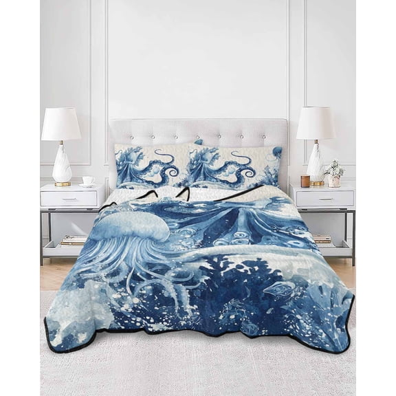 Quilts Queen Size, Blue Jellyfish Coastal Soft Comforter Bedding Set for Bed, Nautical Octopus Summer Ocean Lightweight Quilted Bedspread with Pillow Cover(2 Pieces) for All Season, 90x96 Inch