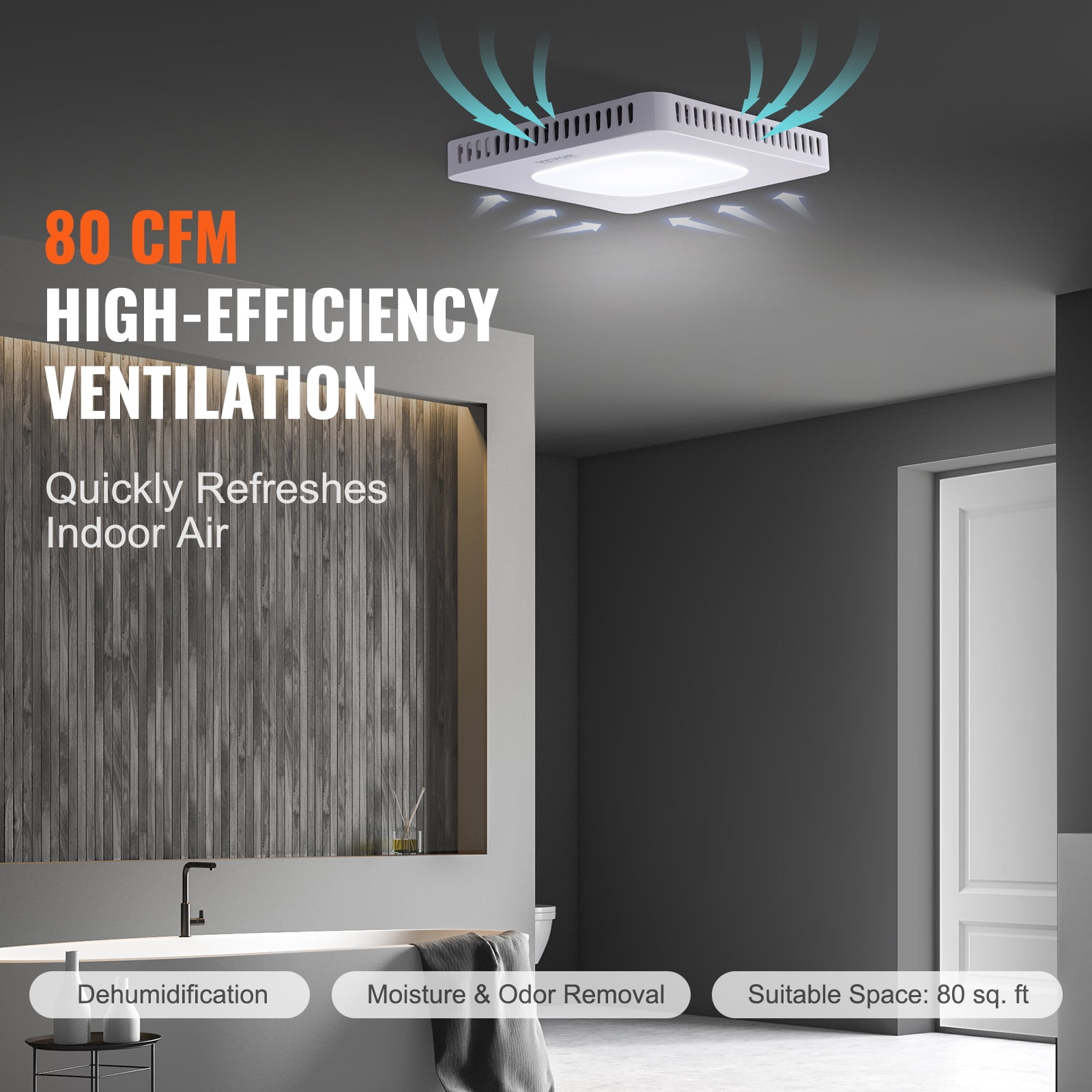 VEVOR Bathroom Exhaust Fan, 80 CFM High-Efficiency Ventilation, 1.5sones Low Noise Operation All-Copper Motor, Energy-Saving Bathroom Ceiling Fan, No Need For Attic Access, For Various Ceilings