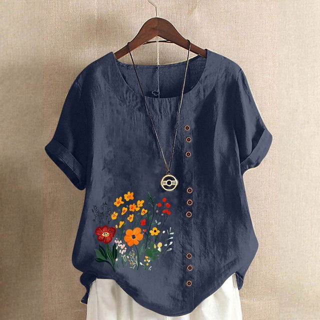 Lydiaunistar Women's Spring Tops Plus Size Casual Printed Short Sleeve Round Neck Blouse Button-Up Lightweight Polyester Top for Spring Summer Fall Fashion Daily Wear Navy