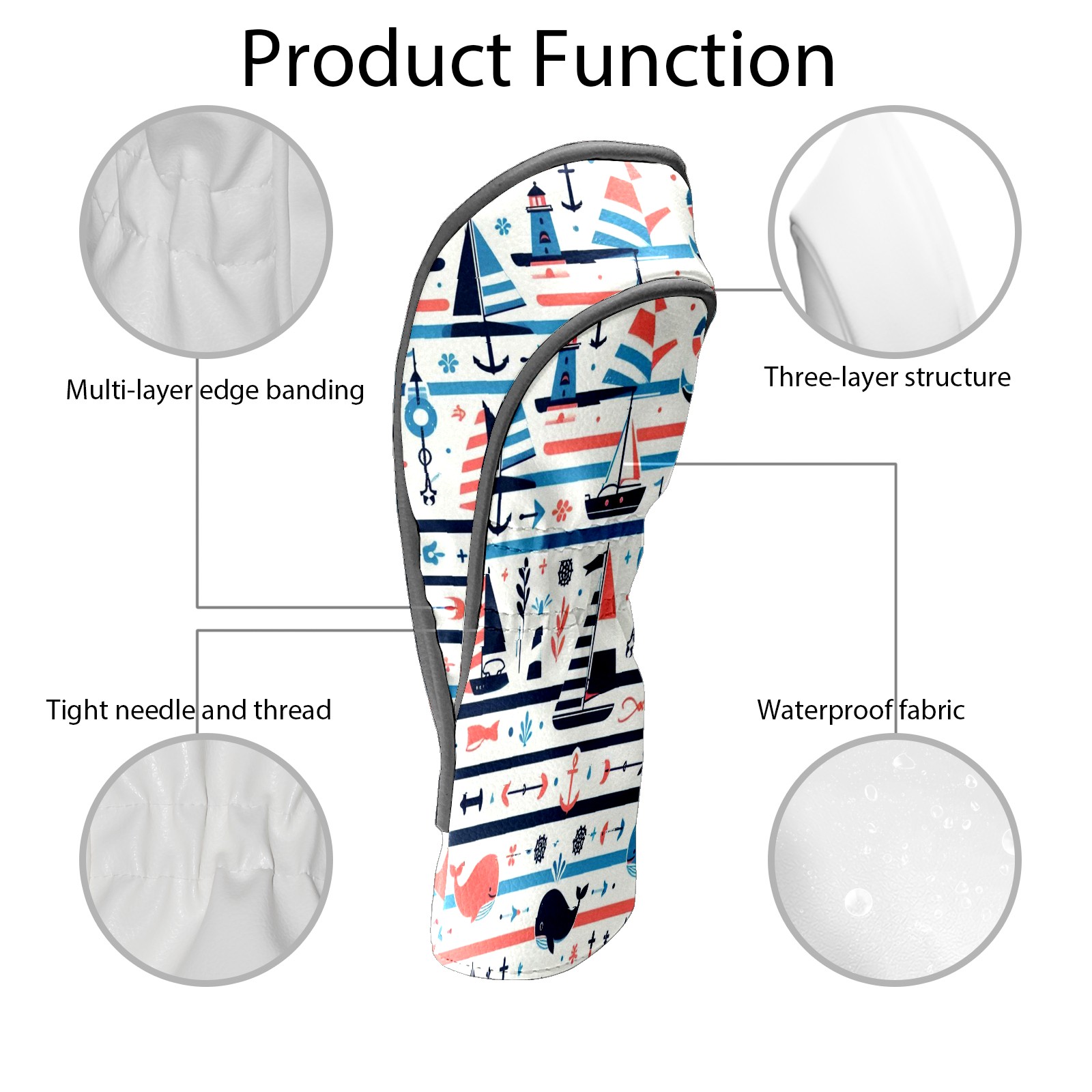Golf Club Covers, Multicolor Nautical Icons Premium PU Leather Driver Hybrid Putter Head Covers with Velvet Lining, Waterproof Golf Gifts for Men Women