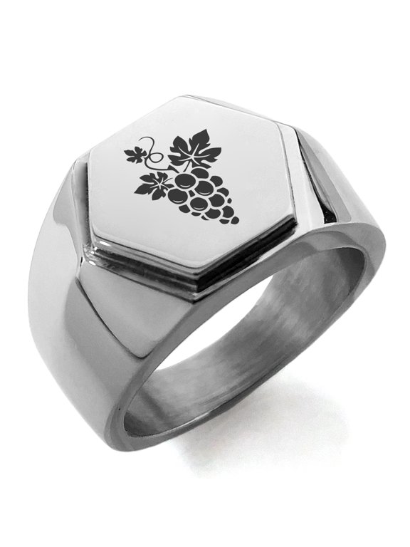 Stainless Steel Dionysus Greek God of Wine Engraved Hexagon Crest Flat Top Biker Style Polished Ring