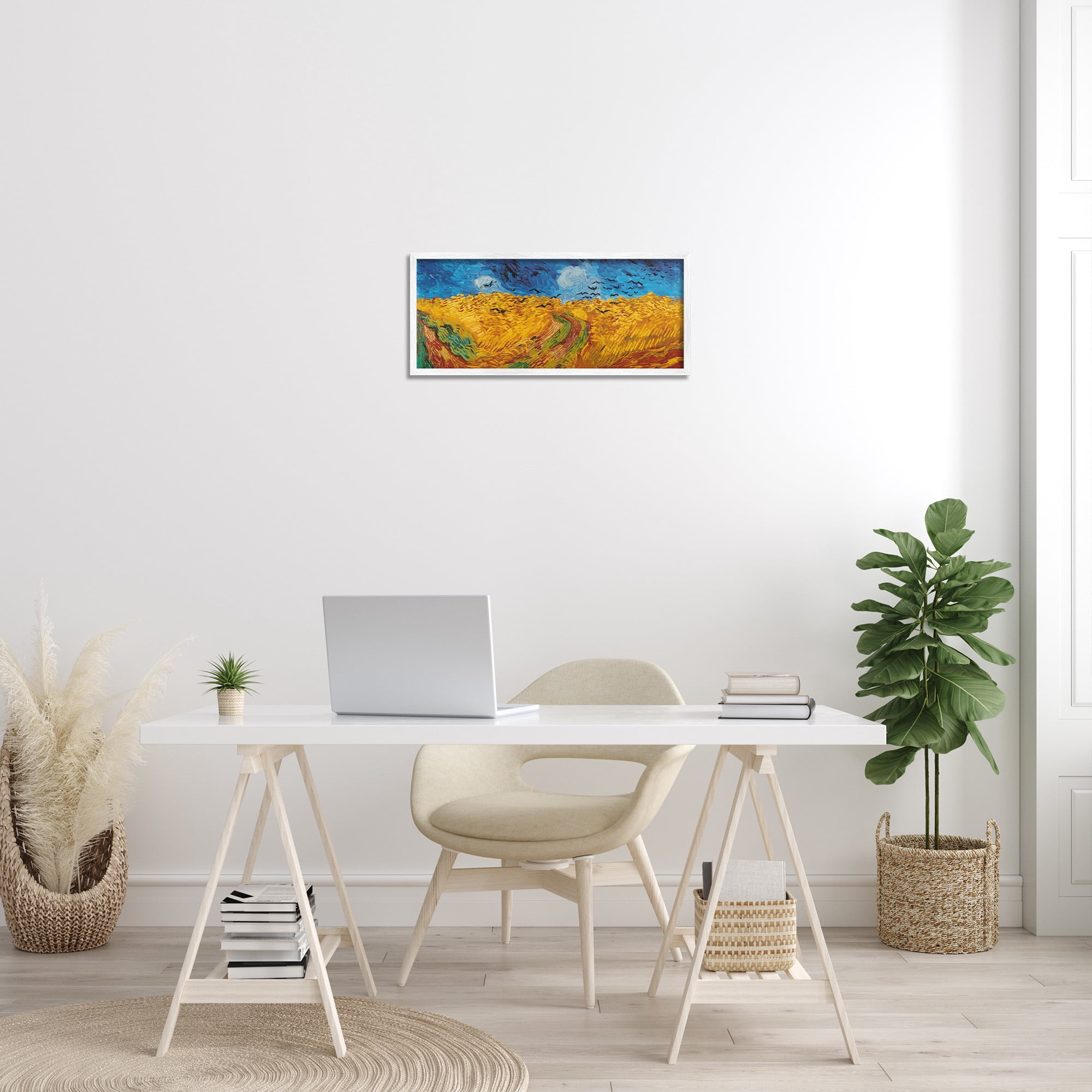 Stupell Industries Wheat Field with Crows Classic Landscape Painting White Framed Art Print Wall Art, 24 x 10
