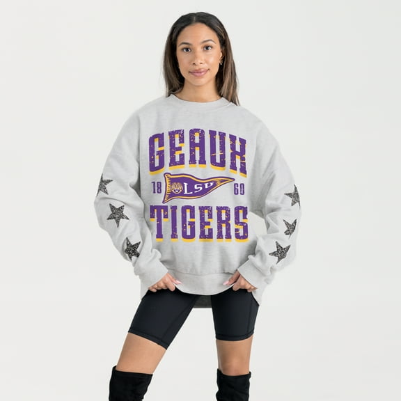 Women's Gameday Couture Ash LSU Tigers Oversized Pennant Pride Rhinestone Star Sleeve Sweatshirt
