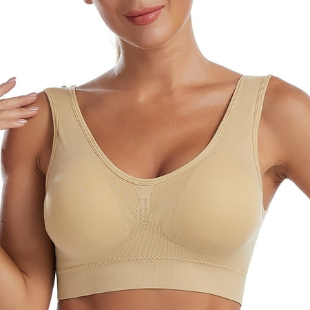 

kpoplk Womens Wireless Bras High Impact Sports Bras for Women Cool Comfort Underwire Molded Cup Full Figure Cross Back Running Workout Bra(Beige)