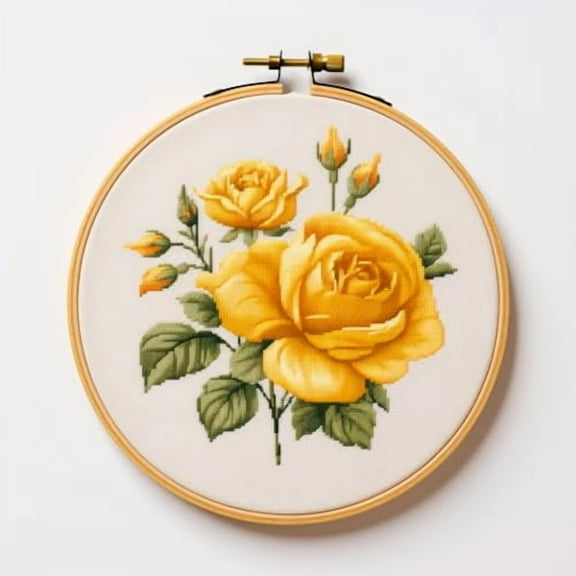 Yellow Rose 11CT Stamped Cross Stitch Kits Easy for Beginners Child with Hoop DIY Needlepoint Counted Embroidery Kits Art Craft Wall Decor 12x12IN(4)