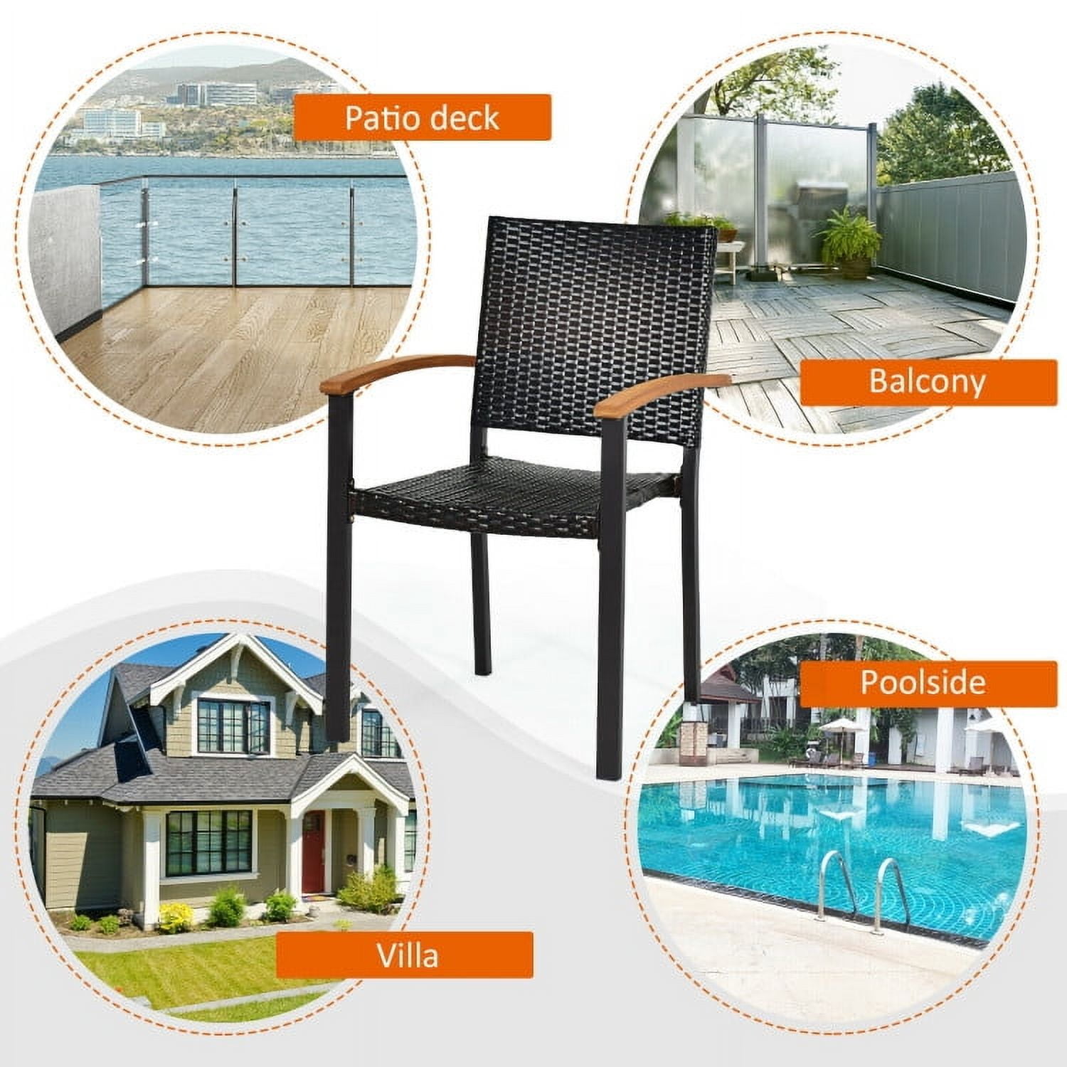 Canddidliike Set of 4 Outdoor Patio PE Rattan Dining Chairs with Powder-coated Steel Frame, Outdoor Stackable Dining Chairs, Comfortable Breathable Garden Outdoor Furniture for Backyard Deck