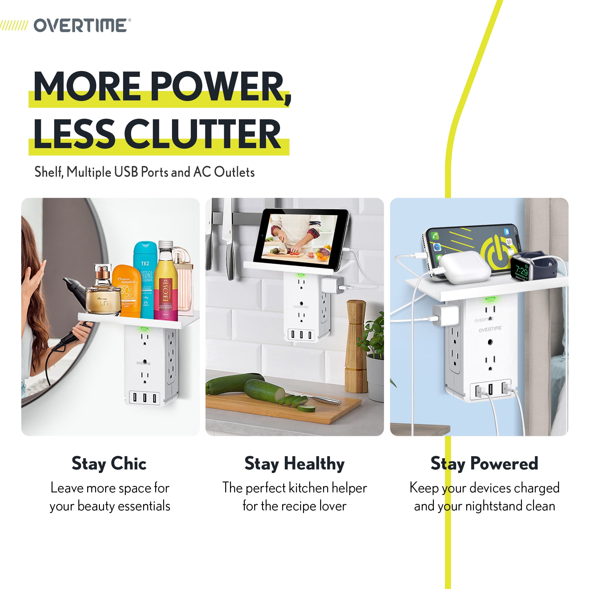 Overtime Outlet Extender, Outlet Splitter With 8 AC and 3 USB Outlets, Detachable Shelf, Multi-Plug Outlet Extender With Surge Protector for Home Appliances, Office, and Travel - White