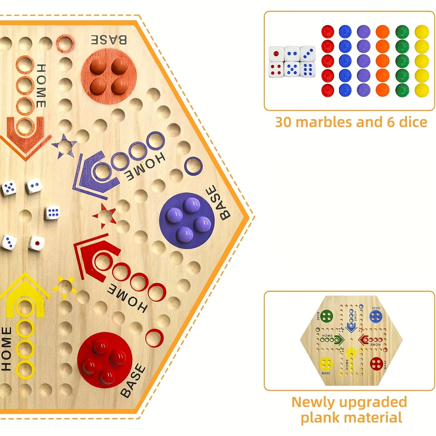 Wooden Fast Track Board Game for 4-6 People, Original Marble Game Wahoo Board Game, 15 Inch Double-sided Board, 2-6 Player Fast Track Game, 6 Colors 24 Marbles 6 Dice, Interactive Family Board Game