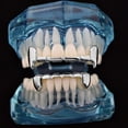 thumbnail image 2 of Fang Half Grillz Set Upper Top And Bottom Lower Silver Tone Teeth Hip Hop Vampire Combo Grills, 2 of 5