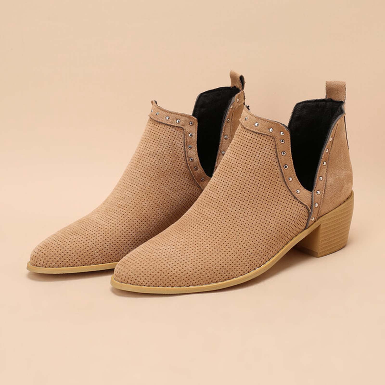 Ankle Boots For Women Casual Cut Out Slip On Low Heel Short Chunky