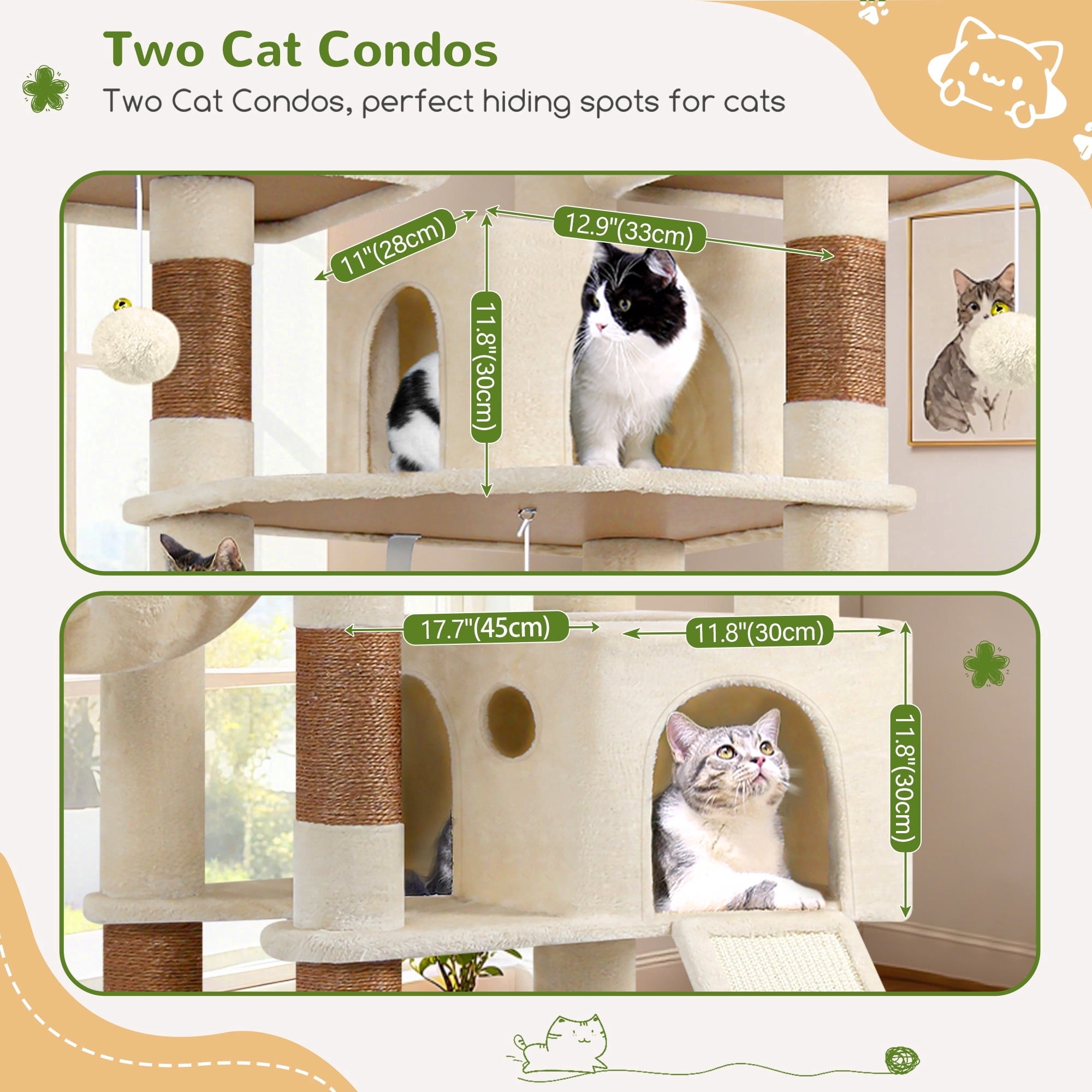 Globlazer 83'' Multi-Level Large Cat Tree Tower for Indoor Cats with Sisal Scratching Post, Hammock & 2 Condos, Beige