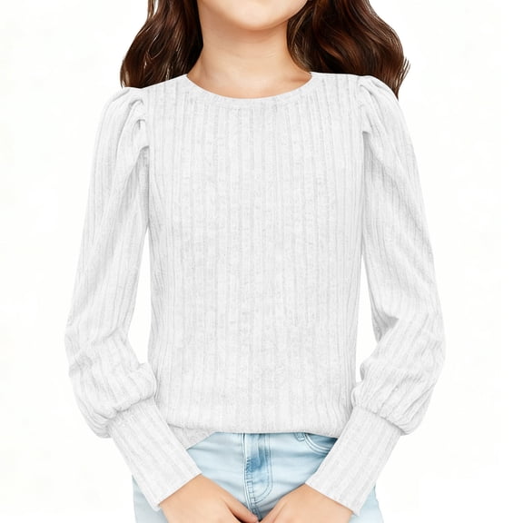 Fesfesfes Childrens Long Sleeve Round Neck Blouse Top Soft Comfy Casual Everyday Wear Solid Color Pullover Shirt for Girls Kids Youth 5 to 14 Years(White,13 Years)