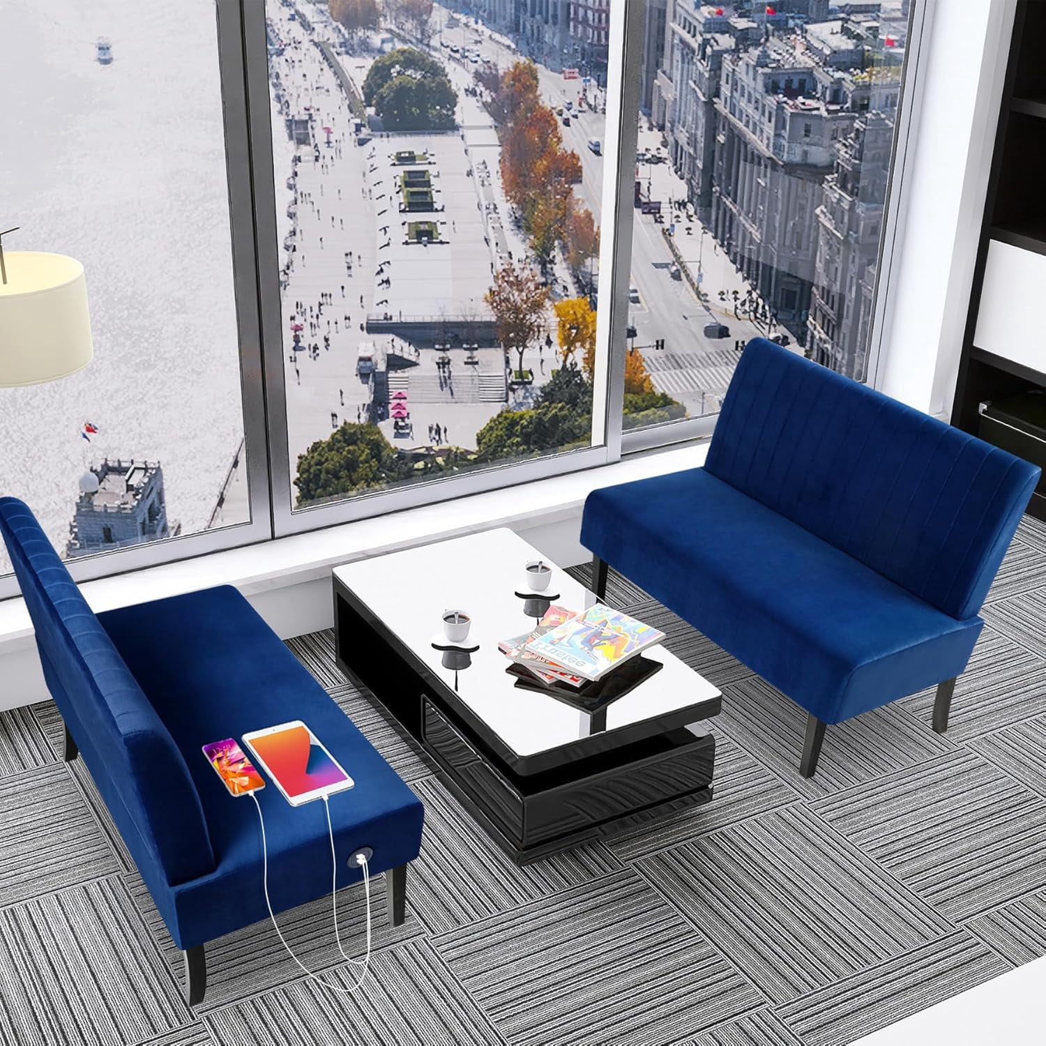 LAZZO 43" Mini Small Comfy Couch Armless Loveseat Sofa with USB Port, Blue