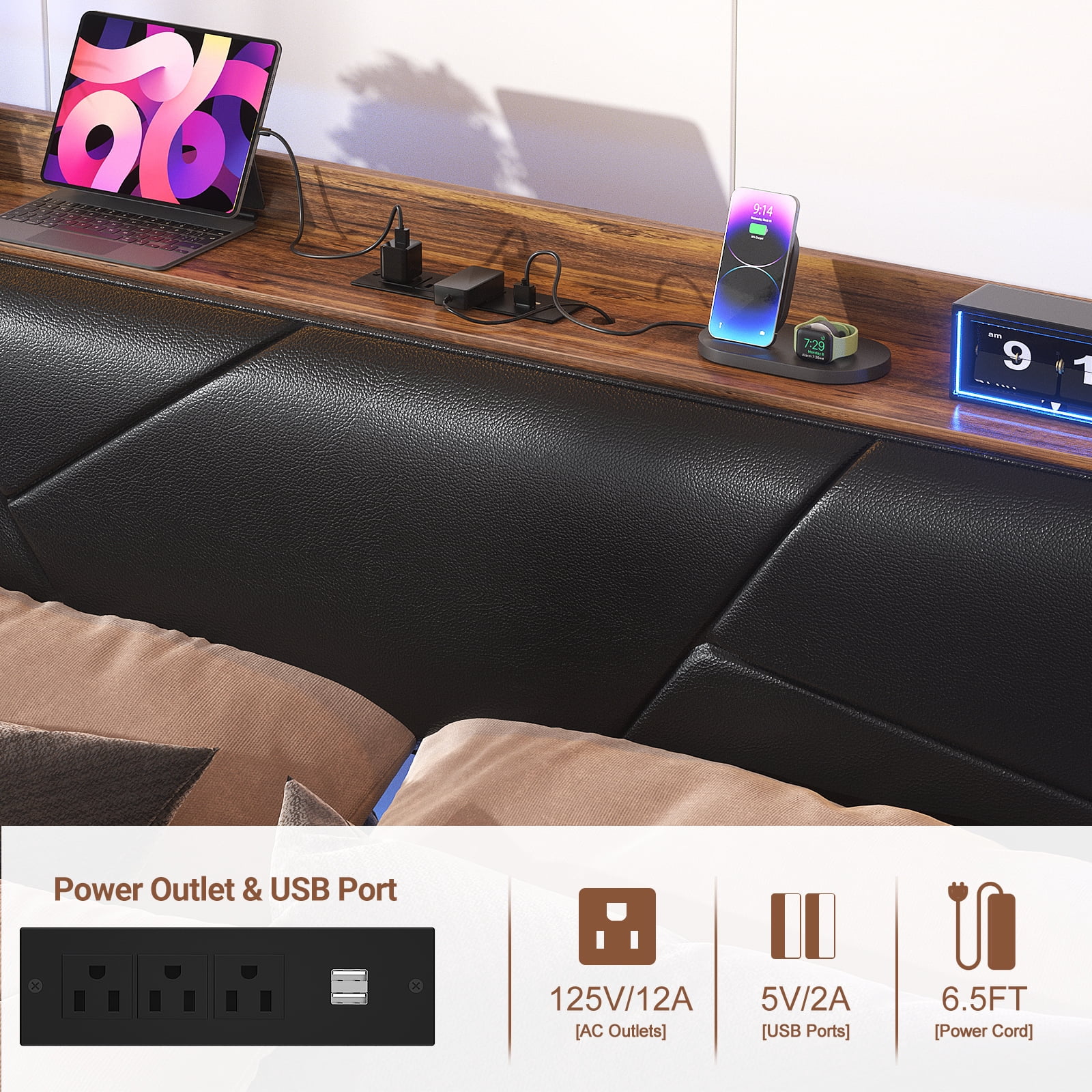 Homieasy King Size Bed Frame with USB Charging & RGB LED Lights, Upholstered Headboard, Metal Slats, No Box Spring, Easy Assembly,Rustic Brown