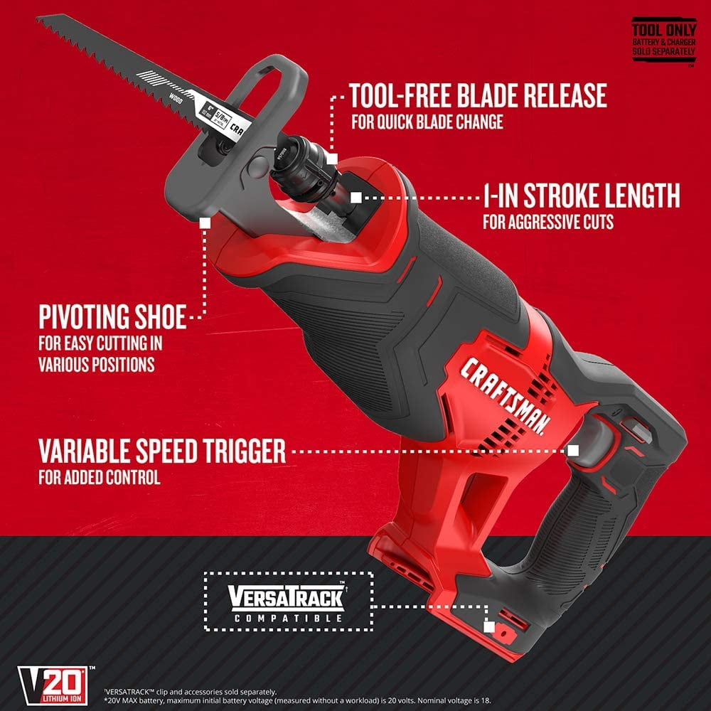 ​​ V20 Reciprocating Saw, Cordless, 3,000 RPM, Variable Speed Trigger, Quick Easy Blade Change, Bare Tool Only (CMCS300B)