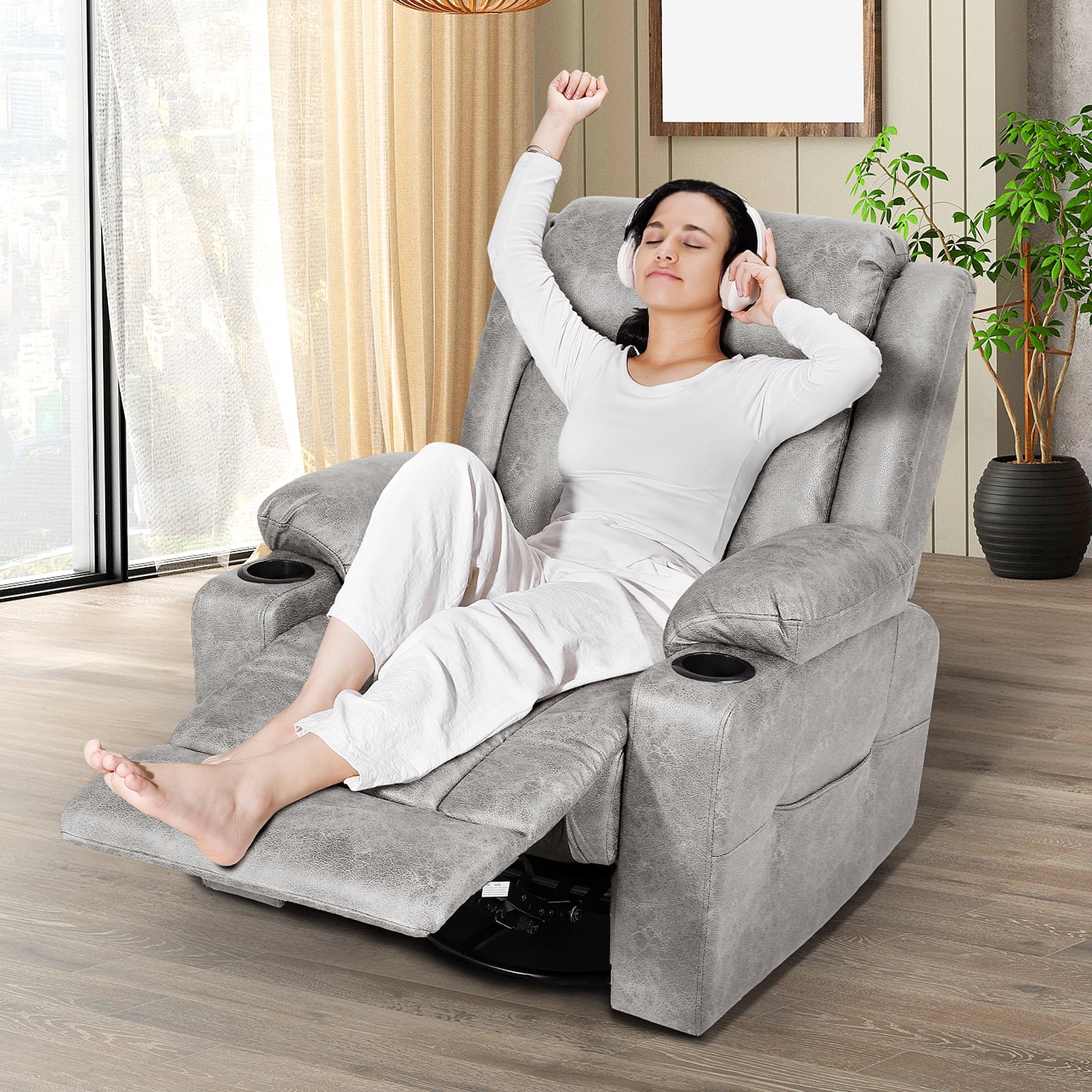 LAFWELL Rocking Recliner Chair - 360° Swivel with Vibration Massage & Heat, Grey - Ideal for Living Room, Bedroom, Nursery, RV