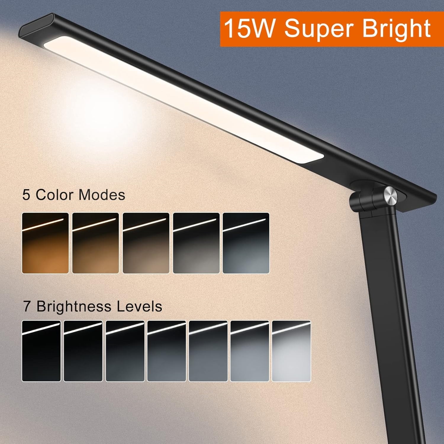 Multifunctional LED Desk Lamp with 10W Fast Wireless Charger, USB Charging Port,1800Lux Super Bright,5 Lighting Mode,7 Brightness, Touch Control, Auto Timer, 15W Office Table Lamp