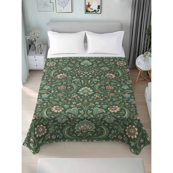 Queen Flat Sheet Only Rustic Vintage Blossom Floral Green Soft Microfiber Cooling Bedding Sheets Farm Flower Pattern Flat Bed Sheet for Hotel,Home Decor