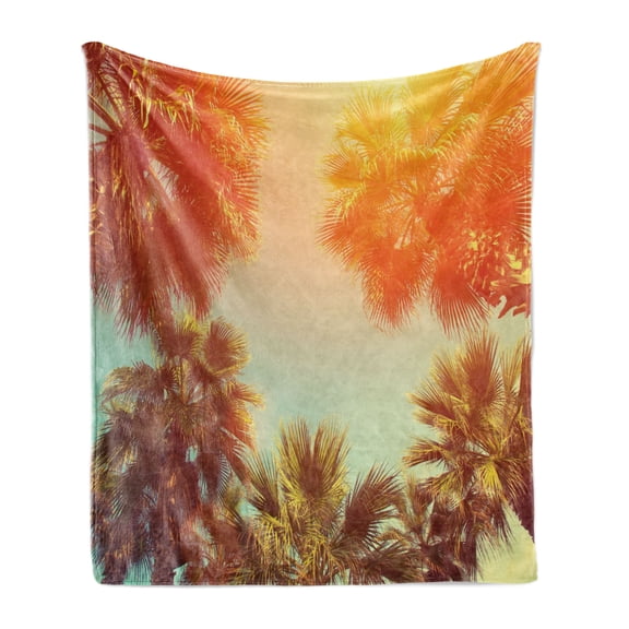 Palm Tree Soft Flannel Fleece Throw Blanket, Trees in Sunlights Tranquility in Tropical Nature Landscape at Summer Theme, Cozy Plush for Indoor and Outdoor Use, 50" x 70", Orange Green, by Ambesonne