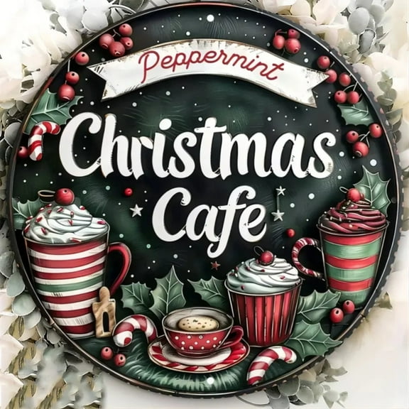 HELLOYOUNG Christmas Cafe Peppermint Theme Metal Sign Art,  Round Iron Wall Decor, Festive Flat Printed Hanging Plaque