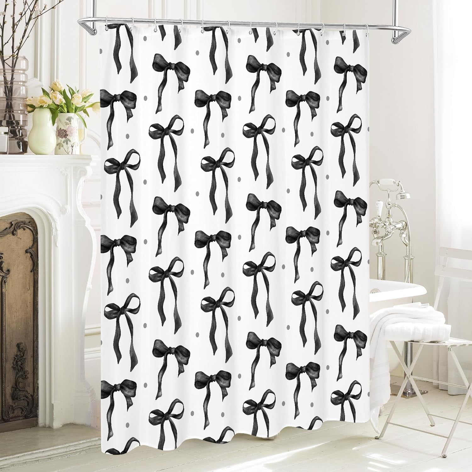 Cute Bow Shower Curtain, Black Aesthetic Bowknot Shower Curtain for Bathroom, Modern Minimalist White Waterproof Fabric Shower Curtain Set