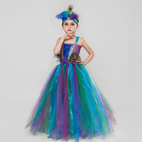 Trendfront Girls Peacock Inspired Tutu Dress Sequin Bodice Feather Detail Toddler Pageant Stage Performance Tulle Gown