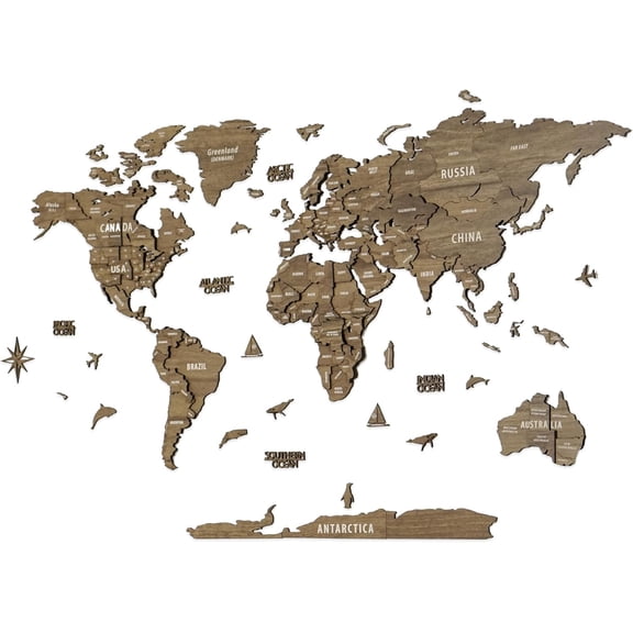 ColorfullWorlds 3D Wood World Map Travel Map Gift Idea Wooden Wall Art (Medium - Betul)