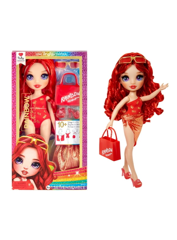 Rainbow High Swim & Style Ruby, Red 11 Doll, Removable Swimsuit, Wrap, Sandals, Fun Play Accessories. Kids Toy Gift Ages 4-12
