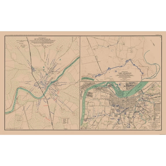 Historical Civil War Map - Munfordville Camp Nelson Louisville Kentucky Defenses - Lamont 1894