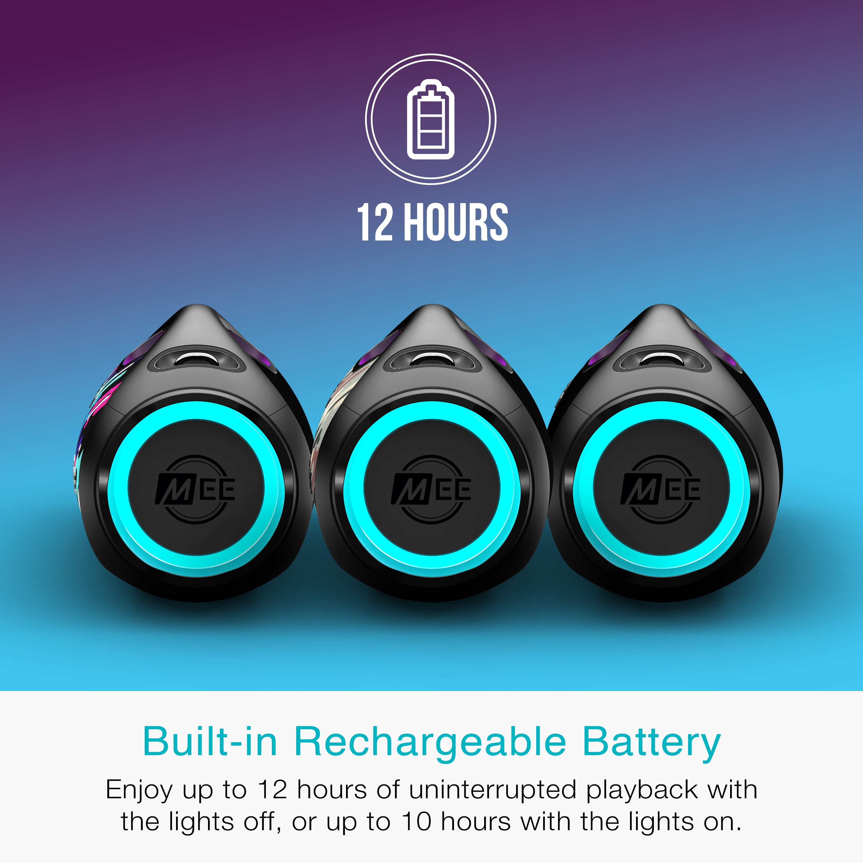 MEE audio partySPKR Bluetooth Wireless Speaker with Dynamic LED Lighting, 2 Subwoofers for Powerful Sound, Connect 100+ Together; Large Yet Portable for Indoors/Outdoors (Colorful)