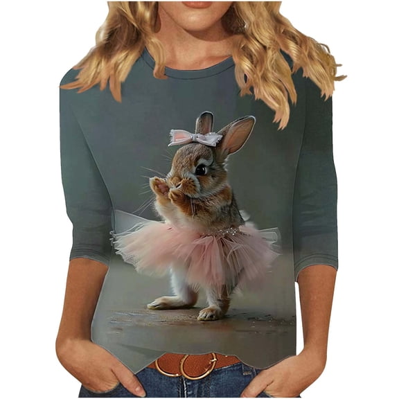 Fjofpr 3/4 Sleeve Shirts for Women Easter Shirts for Women Funny Women's New Easter Round Neck Pullover 3/4 Sleeve Casual Printed Top