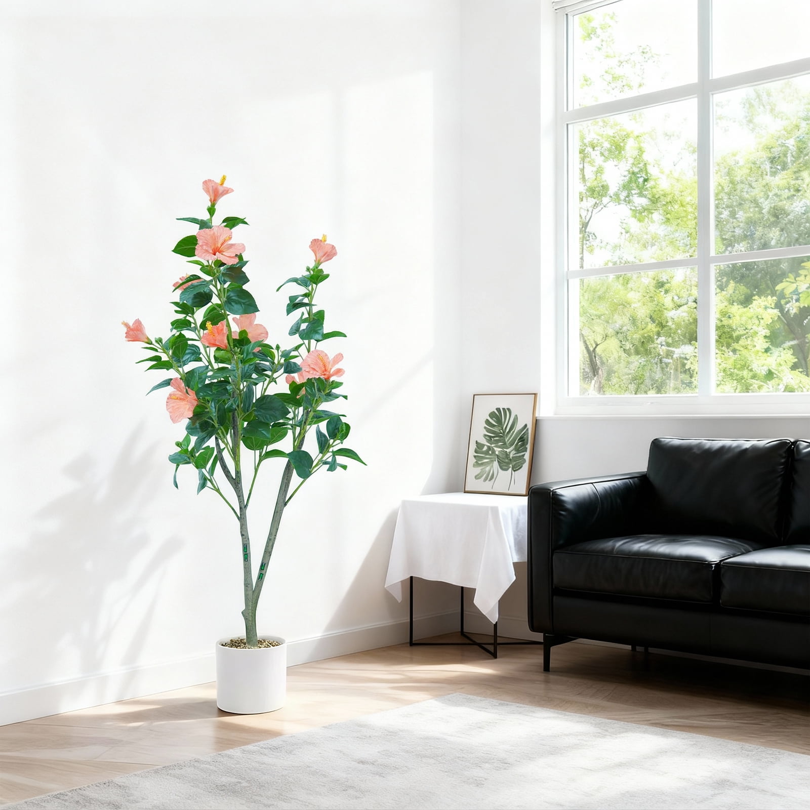4FT Artificial Hibiscuses Tree, Faux Potted Flower Plant with Realistic Flowers, Fake Flower Tree For Garden Office Party Wedding Hotel