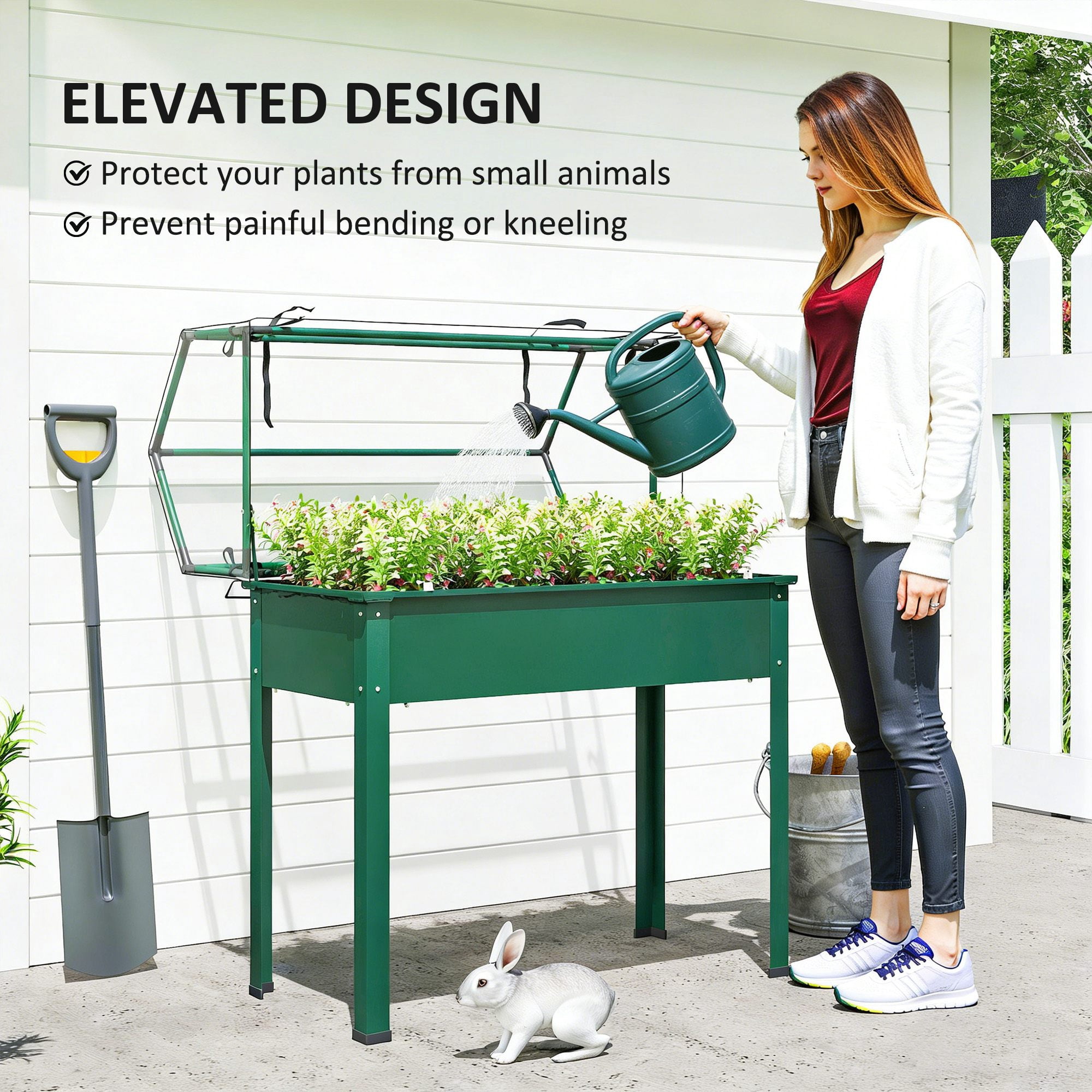 Outsunny Raised Garden Bed with Greenhouse Cover, Elevated Garden Box with Legs and Drainage Hole for Vegetables, Green