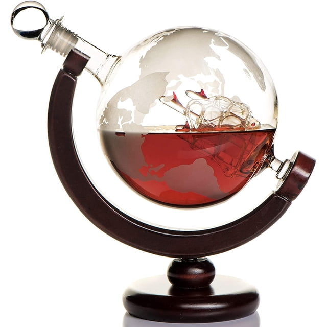 Juego de decantador de whisky con soporte de madera para vasos y mapa del mundo: regalos para hombres y mujeres: botella de vidrio para ginebra, ron, whisky, licor, bourbon, vodka y brandy