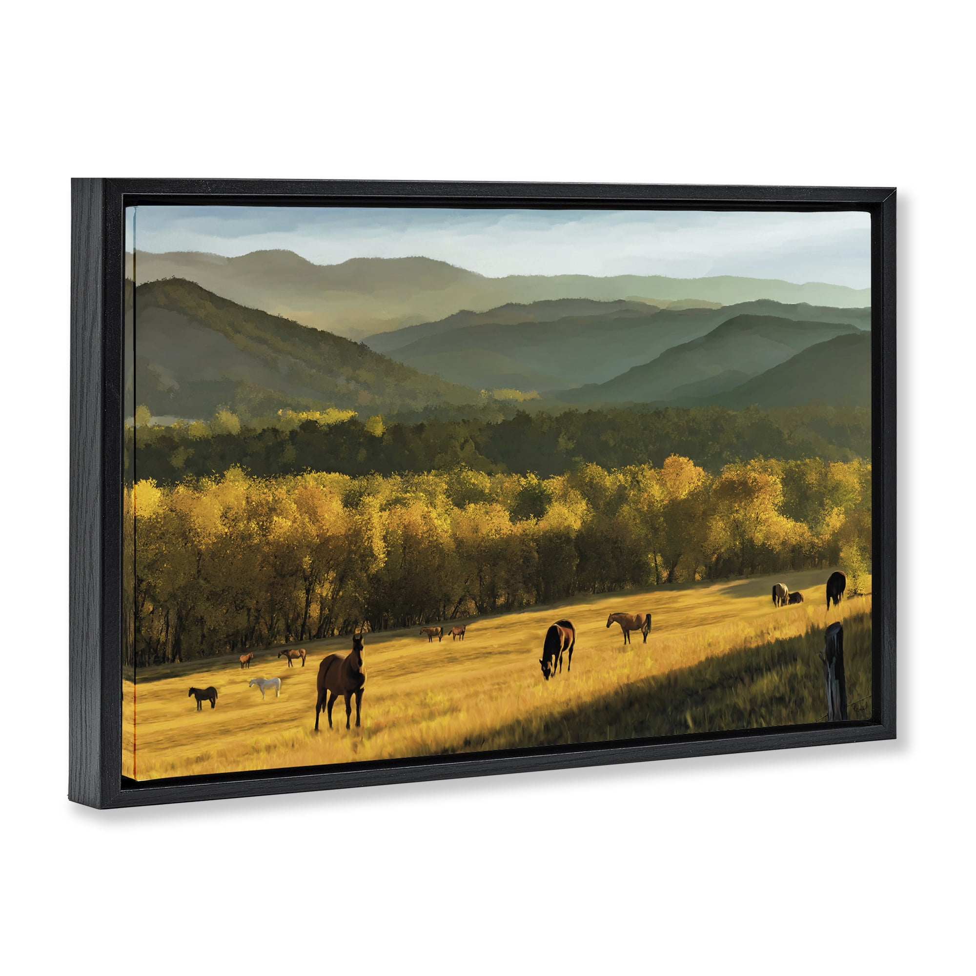 Stupell Industries Grazing Horses in Valley Black Framed Floater Canvas Wall Art, design by Renel Peters