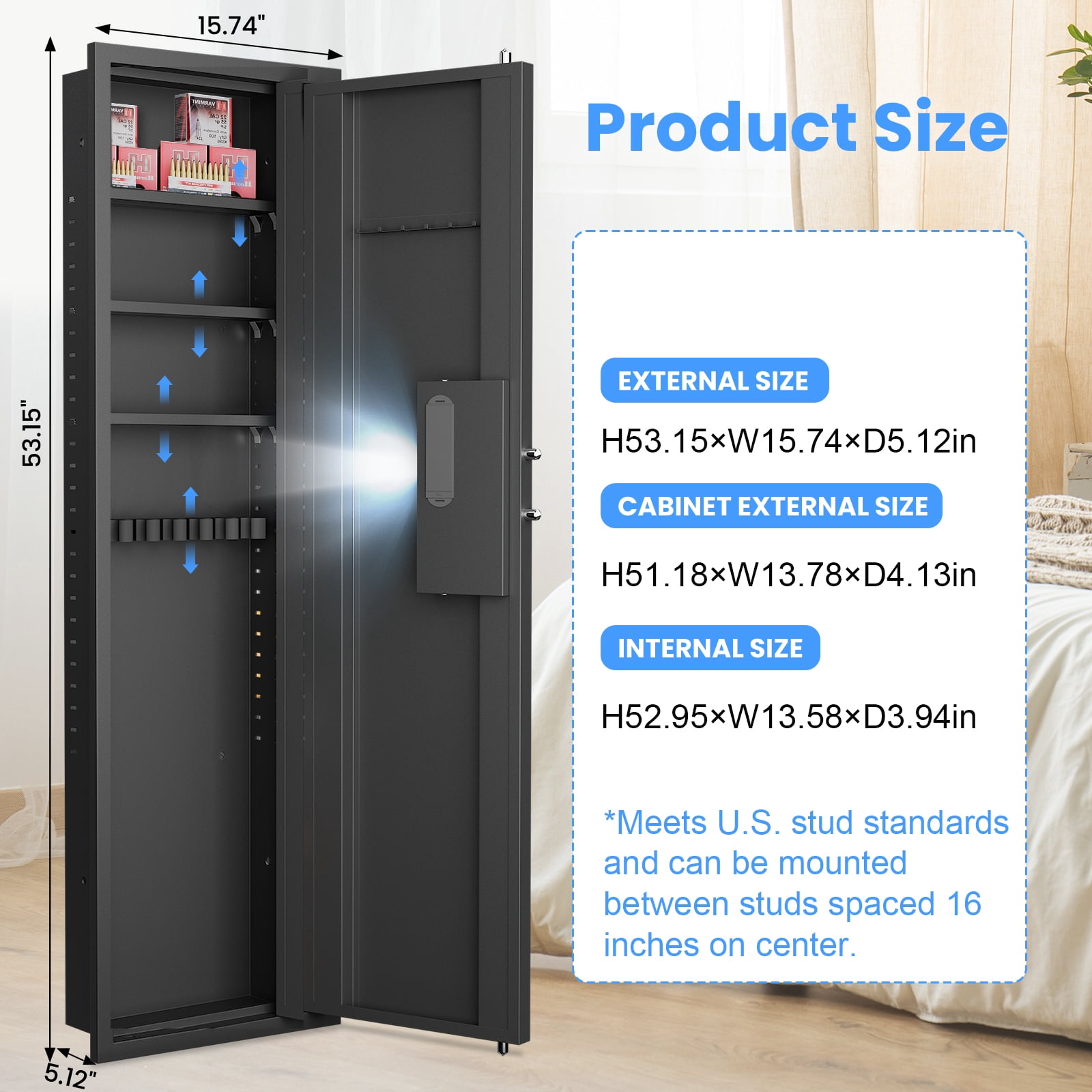 【2026 NEW】Wall Gun Safe, Digital Wall Safe Between the Studs with Dual Alarm ＆ Mute Mode, Hidden Wall Gun Safe for Pistols with Adjustable Shelves, Magnetic Gun Support & Key Hook