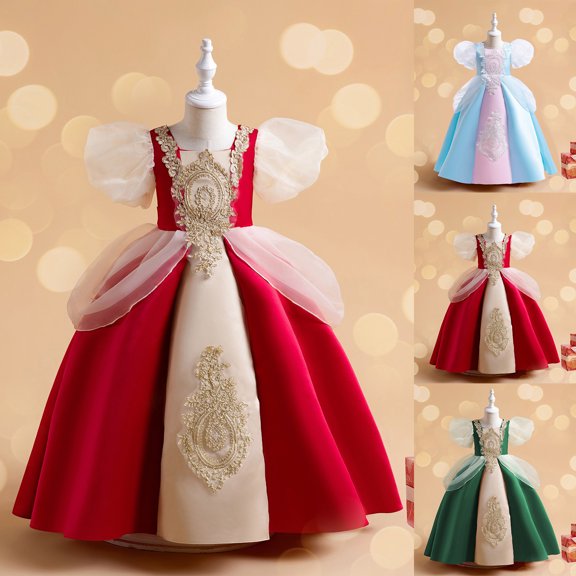 Trendfront Girls Royal Vintage Formal Gown Short Puff Sleeve Square Neck Toddler Embroidery Contrast Pageant Dress