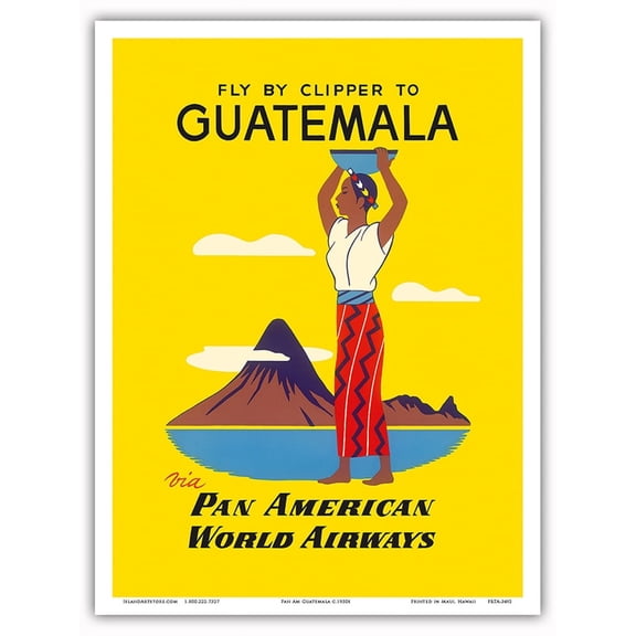 Fly by Clipper to Guatemala - Native Indian Woman Pacaya Volcano - via Pan American World Airways - Vintage Airline Travel Poster c.1950s - Master Art Print (Unframed) 9in x 12in
