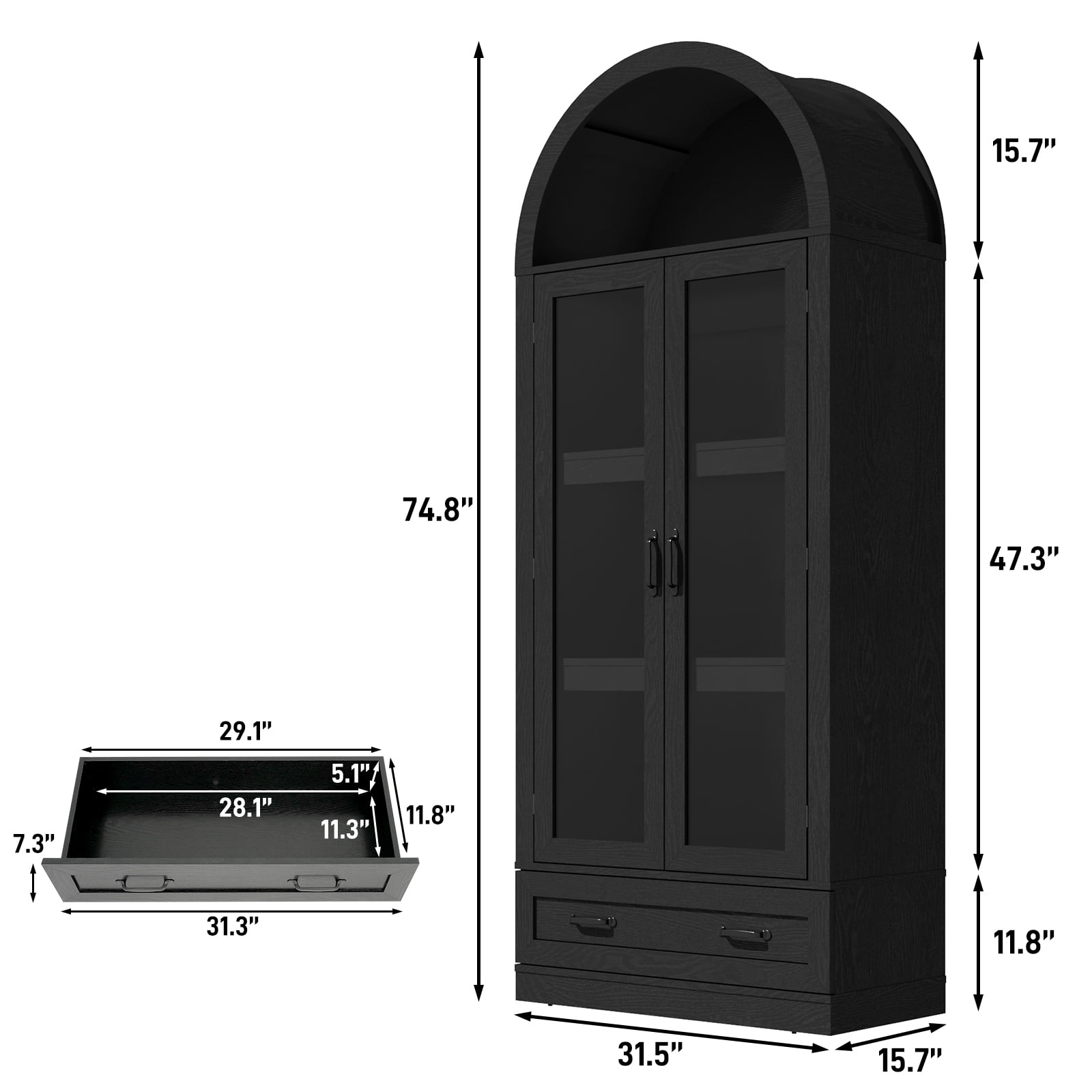 Blotout 75" Tall Arched Kitchen Pantry Storage Cabinet, Farmhouse Wood Pantry Arched Cabinet with Drawer, Glass Door and Load-Bearing Steel Pipe for Dining Room Living Room