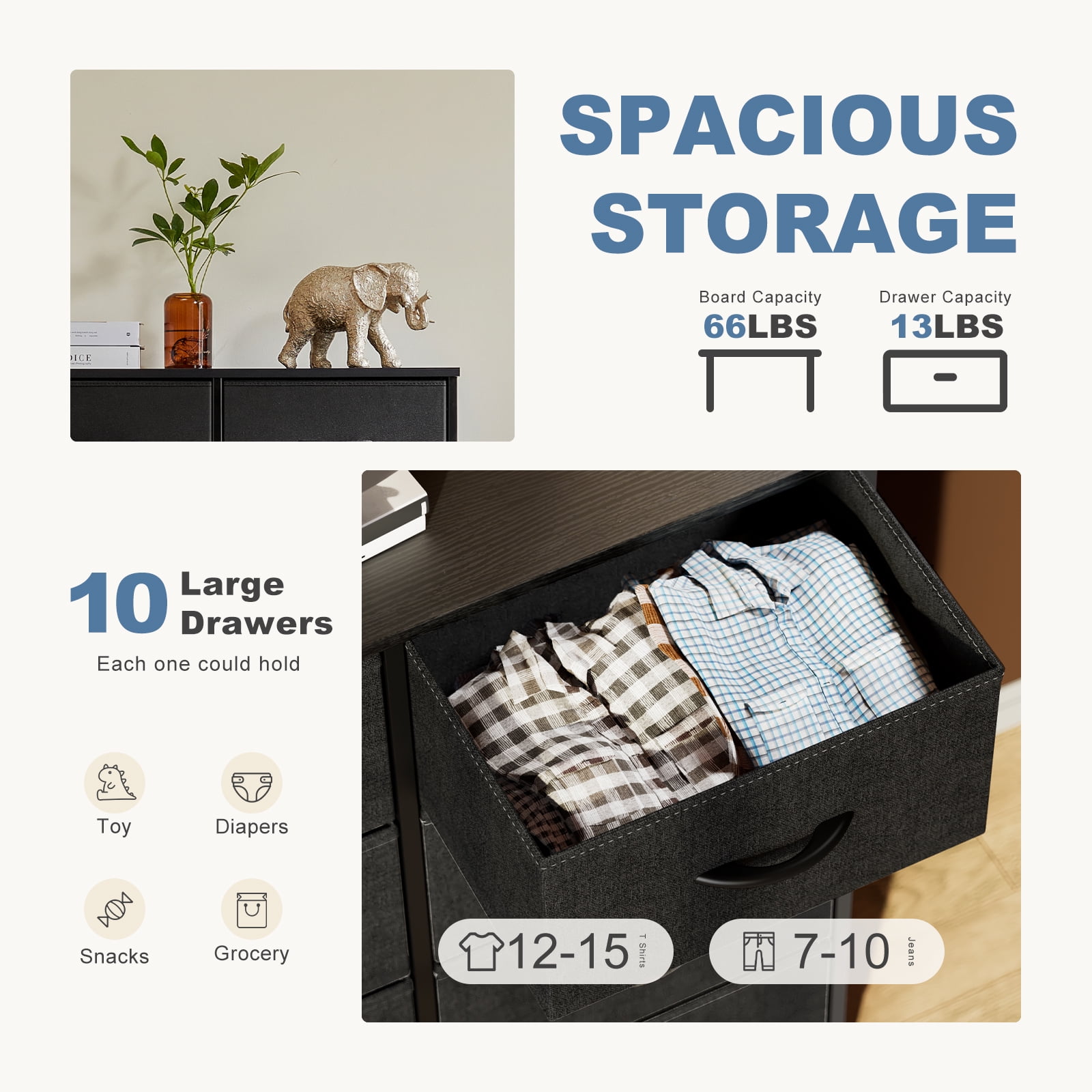 ACCVER 10-Drawer Fabric Dresser with Wood Top & Metal Frame, Closet and Chest for Bedroom, Clothes Storage Organizer, for Living Room, Apartment,Black