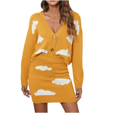 IROINNID Cardigan for Women Single Breasted Cardigan with Short Skirt Two-piece Sweater Set Casual Fall Lounge Set Yellow
