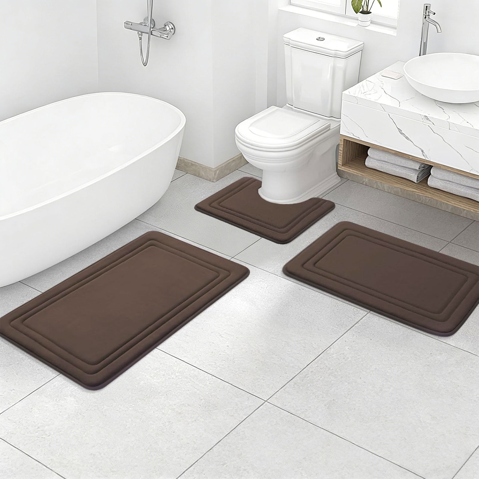 Tripumer Sets 3 Pieces Bathroom Mats Set Non Slip Memory Foam Bath Mats for Bathroom Shower Brown