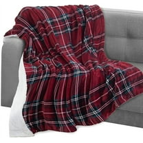 Elegant Comfort Throw Blanket, Reversible Sherpa Flannel, Ultra-Soft, Fuzzy, Plush- All season Lightweight Decorative Throw, 50 x 60 inches, Plaid Design Sherpa Throw, Burgundy
