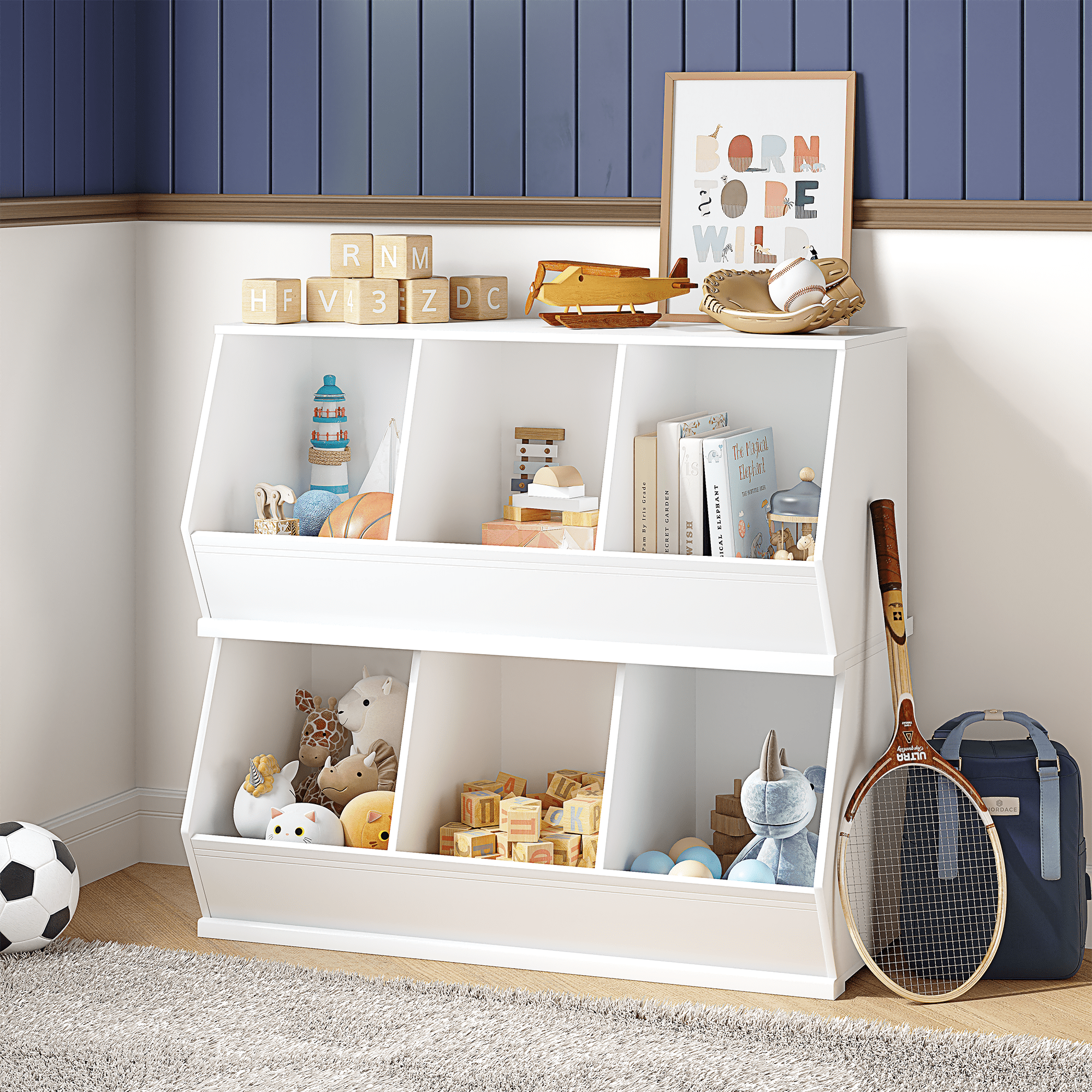 STAROUS Stackable Toy Storage Cabinet, Toy Storage Organizer for Kids, White Wooden Cubby Toy Organizer