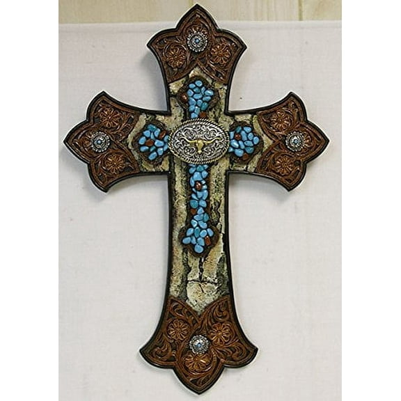 Tooled Leather Cross with Longhorn Concho in Layered Turquoise Cross