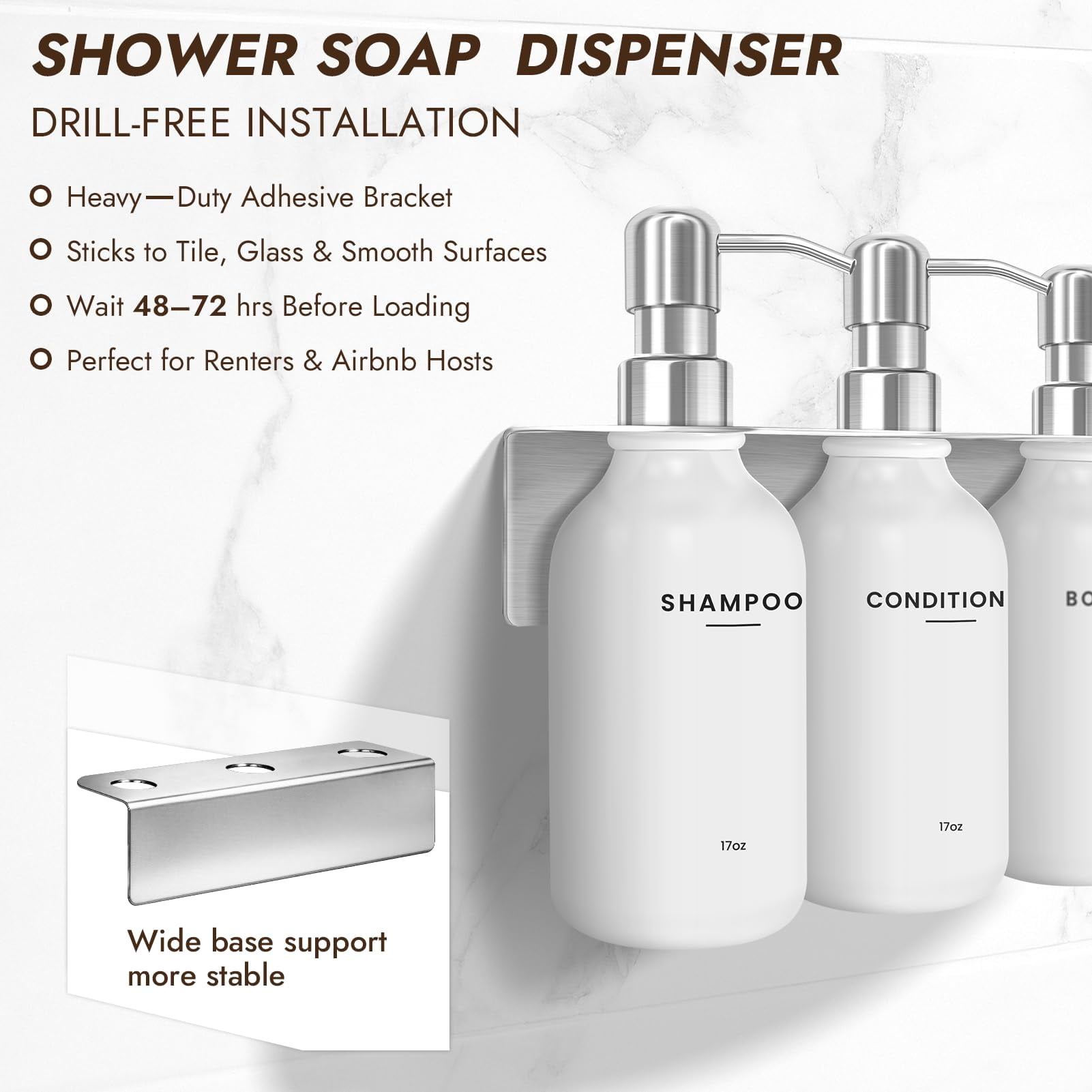 Shampoo and Conditioner Dispenser - Shower Soap Dispenser Wall Mounted - 17 fl oz Set of 3 Silver Plastic Bottles with Pumps & No-Drill Adhesive Holders for Bathroom