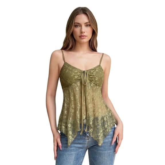 Camisole for Women Trendy V Neck Lace Tank Tops with Front Tie Vintage Spring Summer Peplum Tops for Layering Outwear Green S