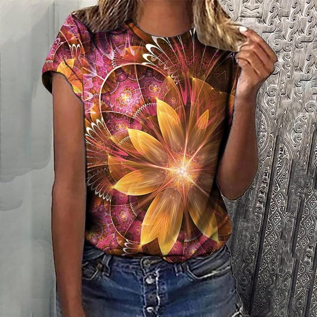 Aqestyerly T-Shirt à Manches Courtes Col Rond Imprimé Ombré pour Femmes - Hauts Mode Décontracté Blouse Ample Dégradé de Pierre T-Shirt Col Rond Blouse Imprimée