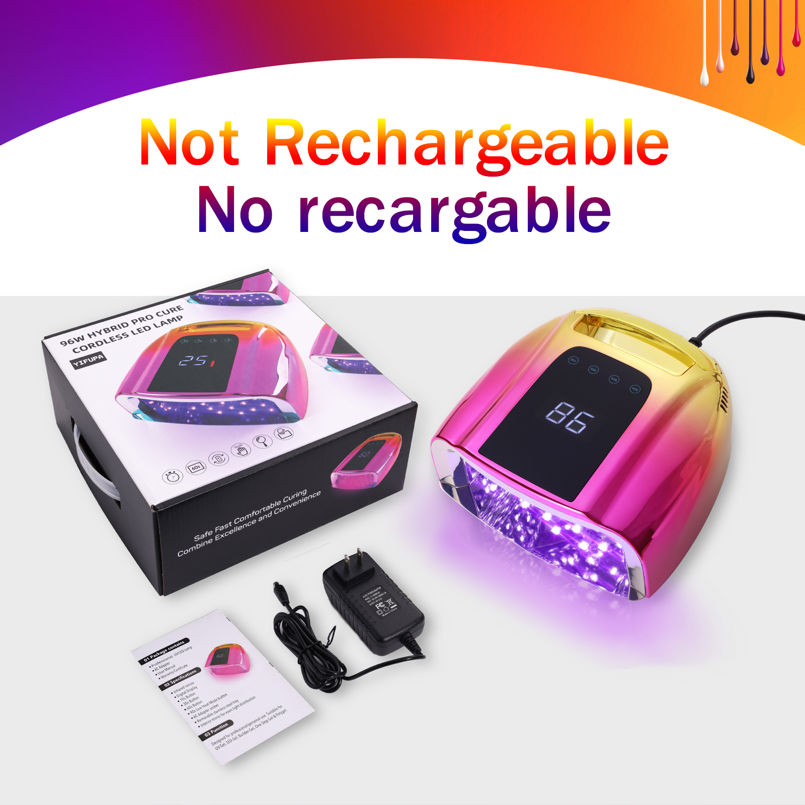 96W UV Nail Lamp Not Rechargeable Gel Lamp Professional LED Nail Light Dryer with Removable Stainless Steel Plate 4 Timers Auto Sensor Fast Curing for Home & Salon DIY Manicure